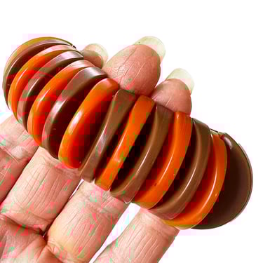 Vintage Two-Tone Bakelite Disc Stretch Bracelet, Orange and Brown Bracelet, Old Plastic, Gift for Her, Rockabilly Style, Art Deco Style 
