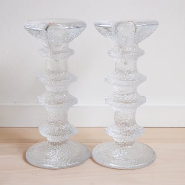 Set of 2 Scandinavian Modern Iittala Glass Four Ring Candle Holders 