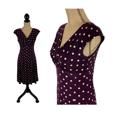 Y2K Dark Purple Polka Dot Dress Small | Cap Sleeve Empire Waist V Neck Midi | 2000s Clothes Women Vintage Clothing from Ralph Lauren Size 4 