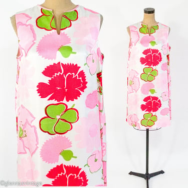 1960s Pink White Floral Print Shift Dress | 60s Op Art Flowered Shift | Large 