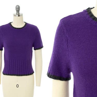 Vintage 1990s Sweater | 90s DEADSTOCK Royal Purple Knit Wool Angora Short Sleeve Pullover Sweater Top (x-small/small) 