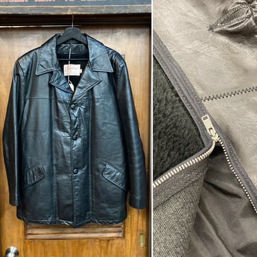 Vintage 1960’s Size L Jet Black Mod Gangster Rocker 3/4 Leather Jacket, 60’s Vintage Clothing 