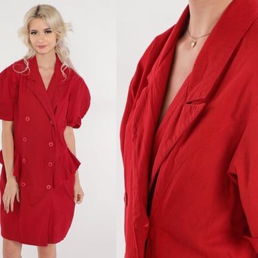 Red Button Up Dress 80s Double Breasted Mini Dress Puff Sleeve Ruffled Peplum Collared V Neck Secretary Preppy Shift Vintage 1980s Small S 