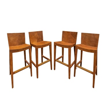 Karl Springer Set of 4 "J.M.F. Barstools" in Brown Leather 1986 (Signed and Dated)