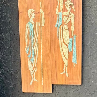 Greecian Teak & Gravel Art Midcentury Panels