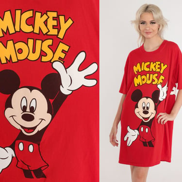 Mickey T-shirt Dress 90s Mickey Mouse Pajama Dress Walt Disney Night Shirt Cartoon Nightie Mini Sleep Red Vintage 1990s Small Medium Large 