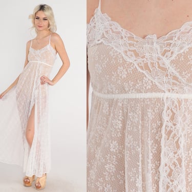White Lace Nightgown Sheer Slip Dress 70s Maxi Sexy Lingerie Vintage Boho Sheer Nightgown 1970s Empire Waist Romantic Bohemian 2xs xxs 