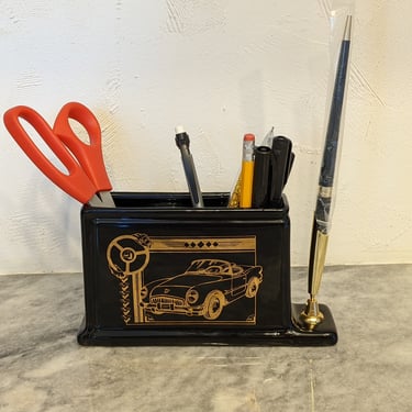 Vintage Ceramic Pen Pencil Stationary Holder Gold Sports Car 