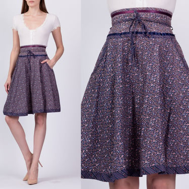 70s Gunne Sax Jessica's Gunnies Calico Floral Prairie Skirt - Extra Small | Vintage Purple Ribbon Trim Boho Knee Length Hippie Skirt 