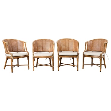 Set of Four McGuire Rattan Cane Barrel Dining Chairs