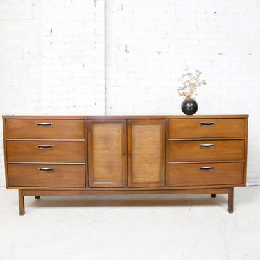 Vintage MCM long 9 drawer dresser with cane doors details and formica top | Free delivery in NYC and Hudson Valley areas 