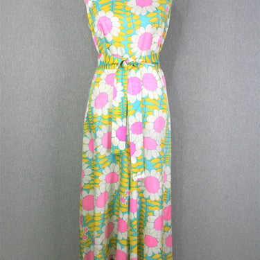 1970s - Mod - Daisy Print - Jumpsuit - Pink Yellow Blue - Estimated size 12/14 - by Aldora's , Reef Hotel - Hawaii 