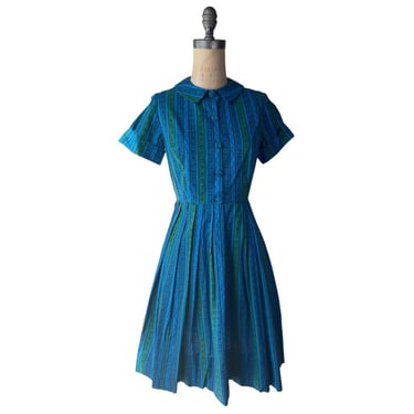 1950s blue and green print dress 