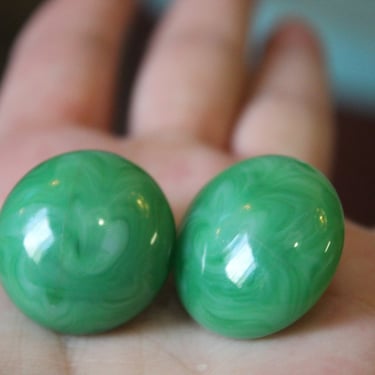 Vintage 1930s 40's Depose Made in France Rare French Art Glass Green White swirl Earrings clip  //  pin up Sweet 