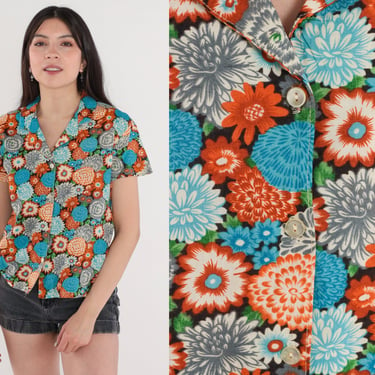 70s Floral Blouse Button Up Shirt Short Sleeve Collared Top Groovy Dahlia Daisy Flower Print Hippie Green Blue Orange Vintage 1970s Small S 