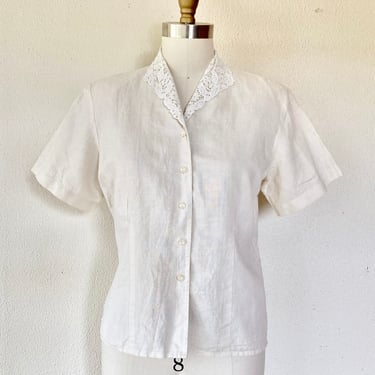 1980s Cream linen blouse with lace collar 