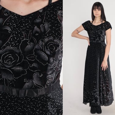 Floral Velvet Dress 80s Party Dress Sparkly Black Maxi High Waisted Long Scalloped Hem Rose Print Formal Cocktail Prom Vintage 1980s Small S 