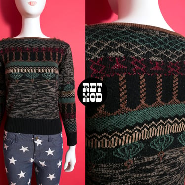 Unique Vintage 70s Brown Black Space Dye Geometric Patterned Pullover Sweater 