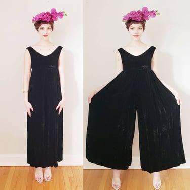 60s Black Velvet Jumpsuit Palazzo Pants Jane Martin / 1960s Sleeveless Onesie Wide Legged Jumpsuit / S 