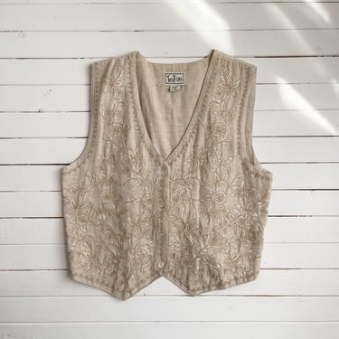 beige linen vest | 90s vintage natural oatmeal linen floral embroidered light academia waistcoat 