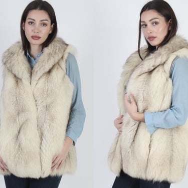 Vintage 80s Fox Fur Vest / Real Arctic White Fox Ski Jacket / Plush Chubby Winter Apres Ski Trip Outdoor Vest 