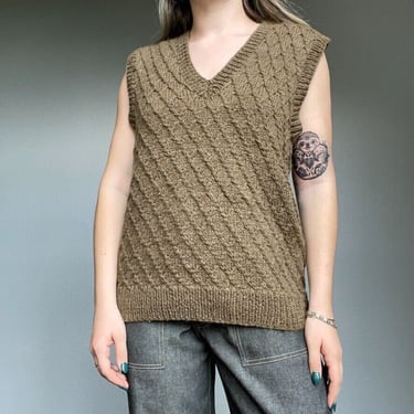 Vintage Women's Hand Knitted Preppy Brown Wool V Neck Warm Sweater Vest Sz L 