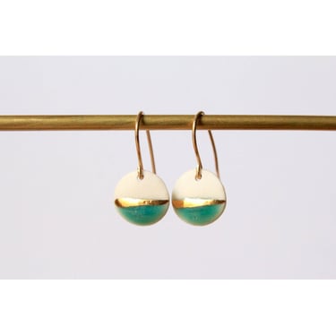 Mier Luo Porcelain Jewelry - Gold Striped Circle Earrings - Turquoise Glaze