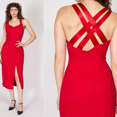 Medium 90s Red Strappy Cross Back Midi Dress | Vintage Leg Slit Fitted Party Dress 