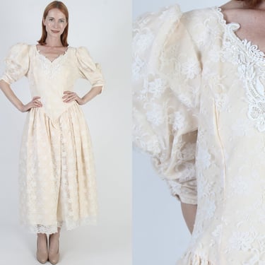 Scott McClintock Peach Illusion Dress / Vintage 80s Floral Lace Bridal Gown / Tiered Victorian Full Bustle Skirt Maxi 