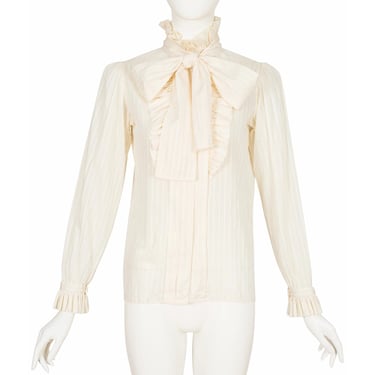 Yves Saint Laurent 1970s Vintage Cream Cotton Ruffle Tie-Neck Tuxedo Blouse Sz S 