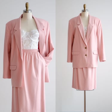 pink wool suit 80s 90s vintage pastel pink oversized blazer skirt suit 