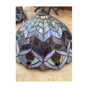 Vintage 1970s Large Vintage Peacock Patterned TIffany Style Stained Glass Hanging Lamp Chandelier 