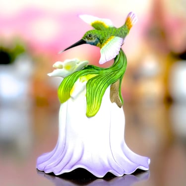 VINTAGE: 2000 - Avon Fine Collectibles Porcelain Hummingbird and Flower Bird Bell in Box - Porcelain Bell Holly and Berries Christmas Decor, 