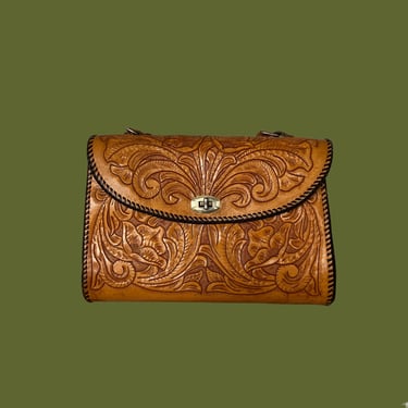 TOOLIN' AROUND Vintage 60s 70s Purse | 1970s Leather Hand Tooled Mexican Handbag | Lily Floral Design | Boho, Western 