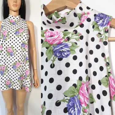 Vintage 80s Polka Dot Floral Mockneck Tunic Tshirt Dress Size S/M 