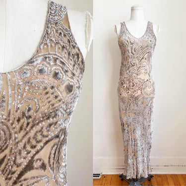 Vintage 1990s Champagne Silk Velvet Slip Dress / S 