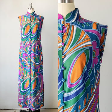 1970s Dress Printed Maxi Gown S 