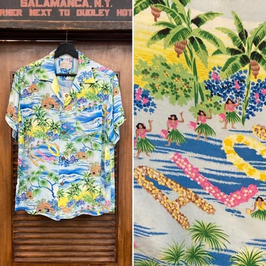 Vintage 1950’s Aloha Hula Girl Tropical Crepe Loop Collar Tiki Hawaiian Shirt, 50’s Vintage Clothing 
