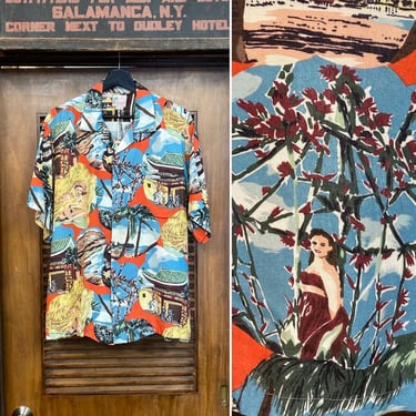 Vintage 1980’s 1950’s Style “Reminiscence” Rayon Photoprint Matching Pocket Hawaiian Shirt, 80’s Vintage Clothing 