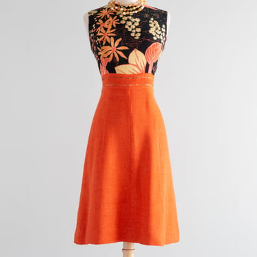 Adorable 1960's French Linen Tangerine Shift Dress By Anne Patricia / M