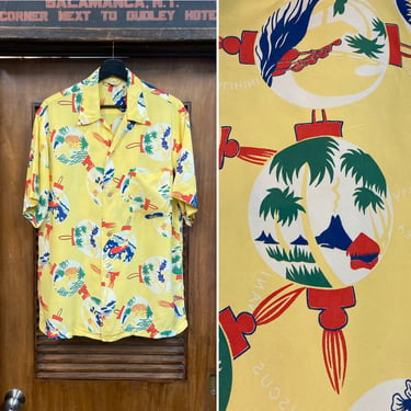 Vintage 1950’s “Hale Hawaii” Natives Surfing Tiki Lantern Pattern Rayon Hawaiian Shirt, 50’s Vintage Clothing 