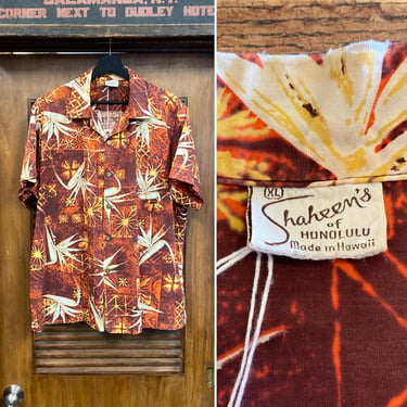 Vintage 1950’s Size XL “Shaheen’s” Bird of Paradise Tapa Cotton Tiki Loop Collar Hawaiian Shirt, Signed Selvedge, Dated 1957 