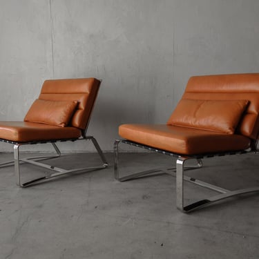 Substantial Pair of Italian Stainless Steel and Leather Lounge Chairs 
