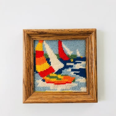 Small Colorful Sailboat Cross Stitch Wall Hanging 
