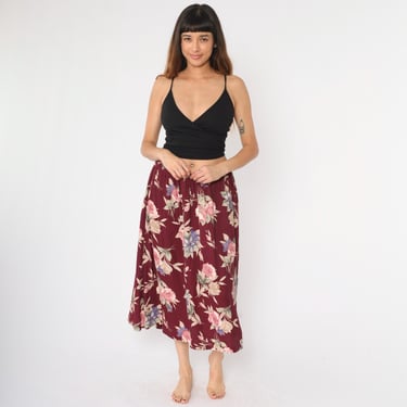 Vintage 90s Floral Skirt XL Burgundy Rose Print Midi Boho Print High Elastic Waist 1990s Hippie Romantic Summer Pink Tan Purple Extra Large 