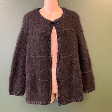 black mohair cardigan vintage knit wool sweater large 
