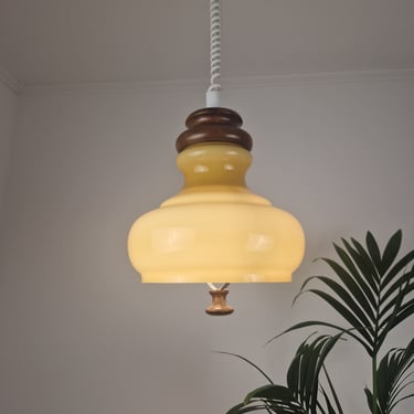 Vintage Mid Century Modern Ceiling Light /  Opal Beige Glass Pendant Lamp / Dining Room Lighting / Home Decor / Italy / 1970s 