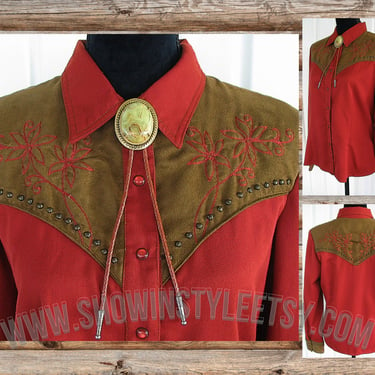 Vintage Retro Women's Cowgirl Western Shirt by Scully, Rodeo Queen Blouse, Rust Red with Floral Embroidery, Size Medium (see meas. photo) 