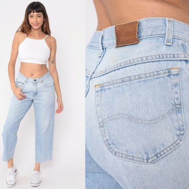 90s Lee Jeans Ankle Length Mom Jeans High Waisted Light Wash Blue Denim Pants Straight Leg Tapered Vintage 1990s Cropped Medium 