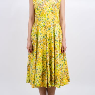 1950s Bright Yellow and Green Cotton Sundress with Sequin Bodice